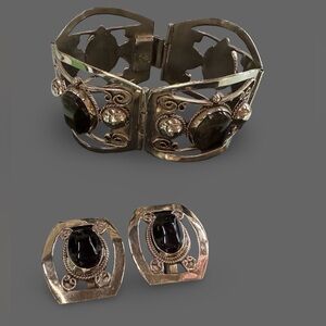 Vintage Taxco Sterling Silver Onyx Bracelet & Earrings Set